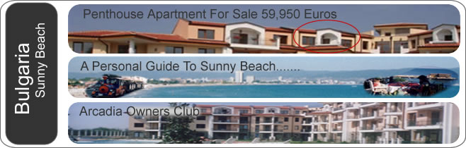 Bulgarian property for sale: Sunny Beach is located on the Black Sea coast line of Bulgaria. Recently completed in 2005, this Bulgarian penthouse apartment is located within the Arcadia complex only a few minutes walk from the golden sandy beach. There are various developers building property (apartments/hotels), however most of them are large complexes, very high and very square. The Arcadia complex is built in the style of traditional Bulgarian architecture and is truly one of the most beautiful Bulgarian properties within Sunny Beach. With only 39 apartments the property remains exclusive and relaxful.